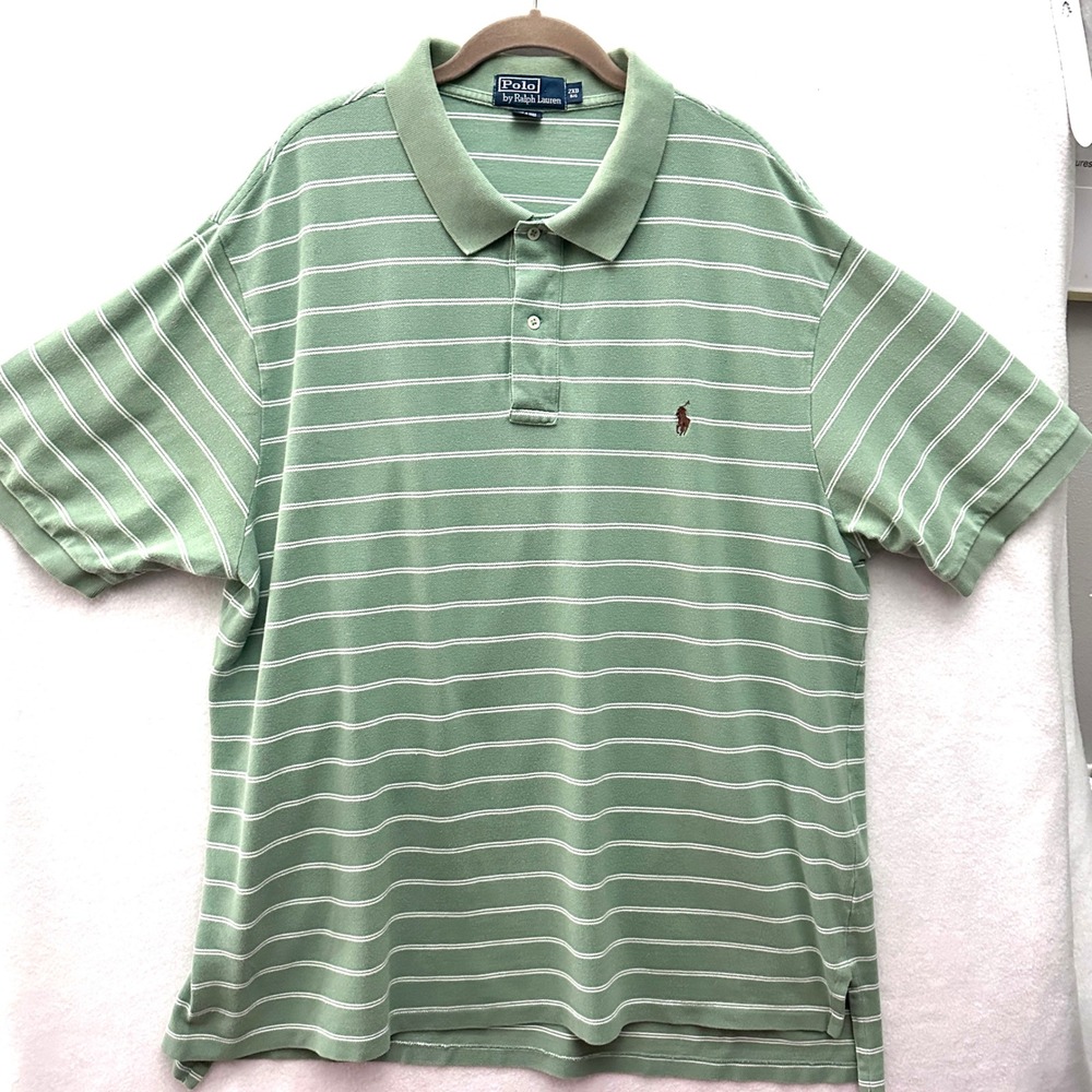Polo Ralph Lauren 2XB Big Green Brown Pony Striped Pique Short Sleeve Polo Shirt